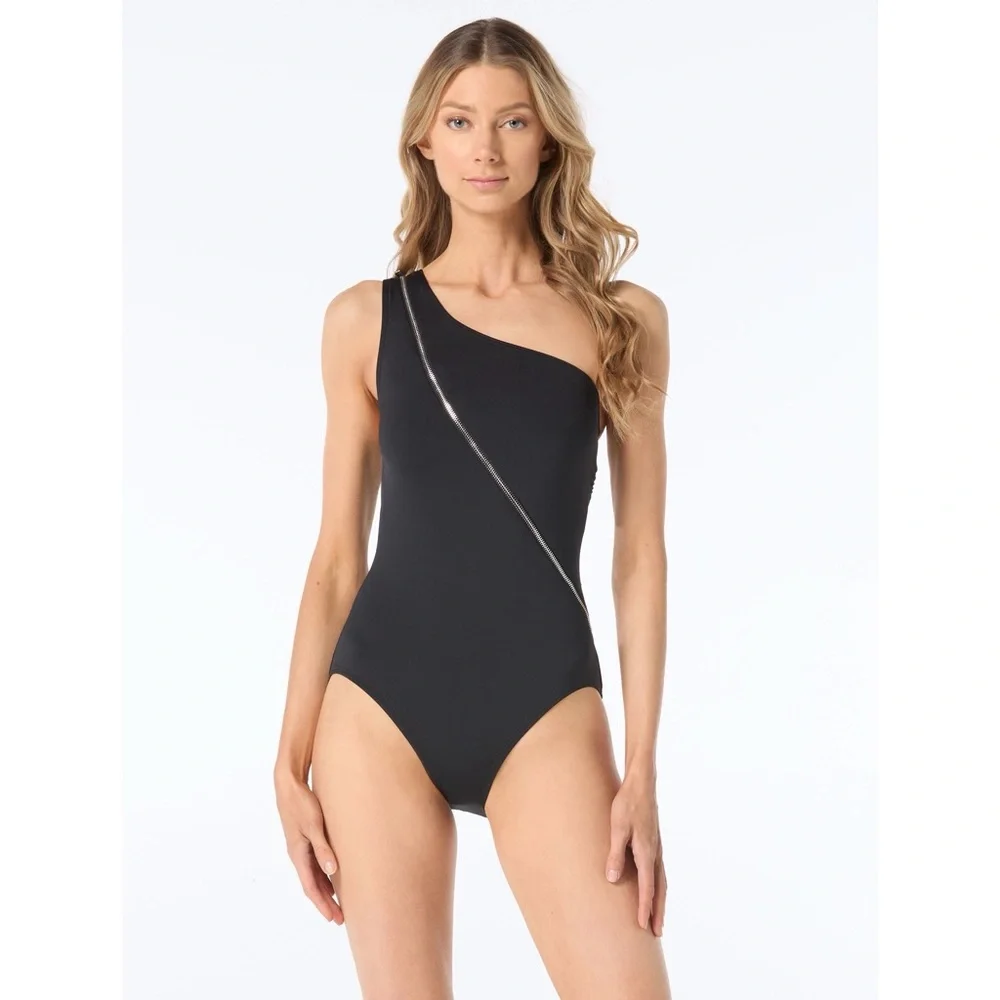 Michael Kors Womens Black‎ One Shoulder Zipper One Piece Swimsuit Size 10